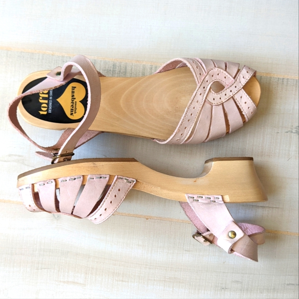 Swedish Hasbeens Sandals Platform Wood Clogs Debutant Cross Strap Peep Toe